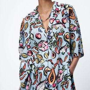 New Zara Fruit Printed Oversized Button Front Multicolored Shirt/Blouse/Top Sz S